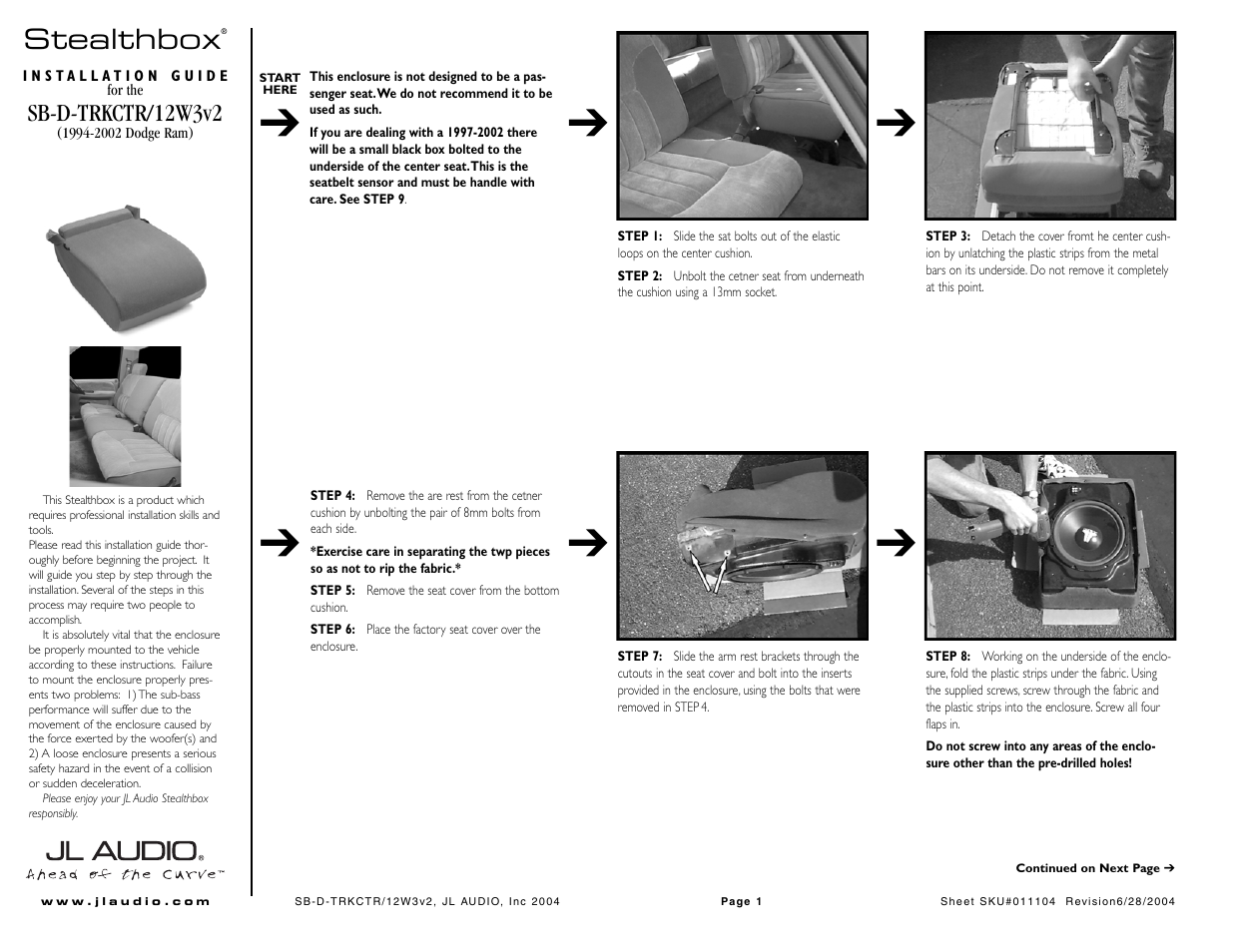 JL Audio Stealthbox SB-D-TRKCTR/12W3v3 User Manual | 2 pages