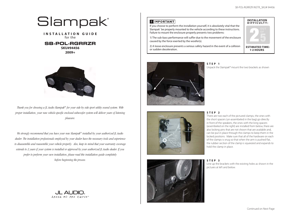 JL Audio Slampak SB-POL-RGRRZR User Manual | 3 pages