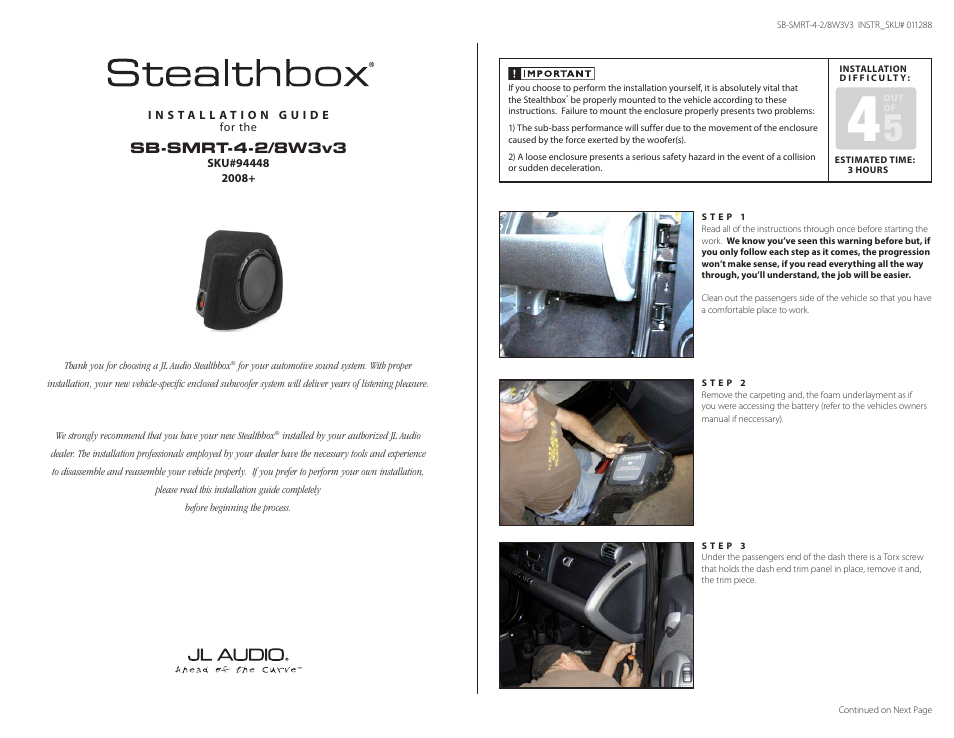 JL Audio Stealthbox SB-SMRT-4-2/8W3v3 User Manual | 4 pages