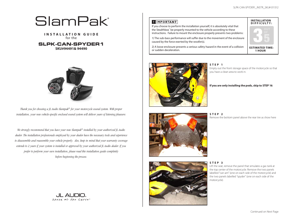 JL Audio Slampak SLPK-CAN-SPYDER1 User Manual | 8 pages