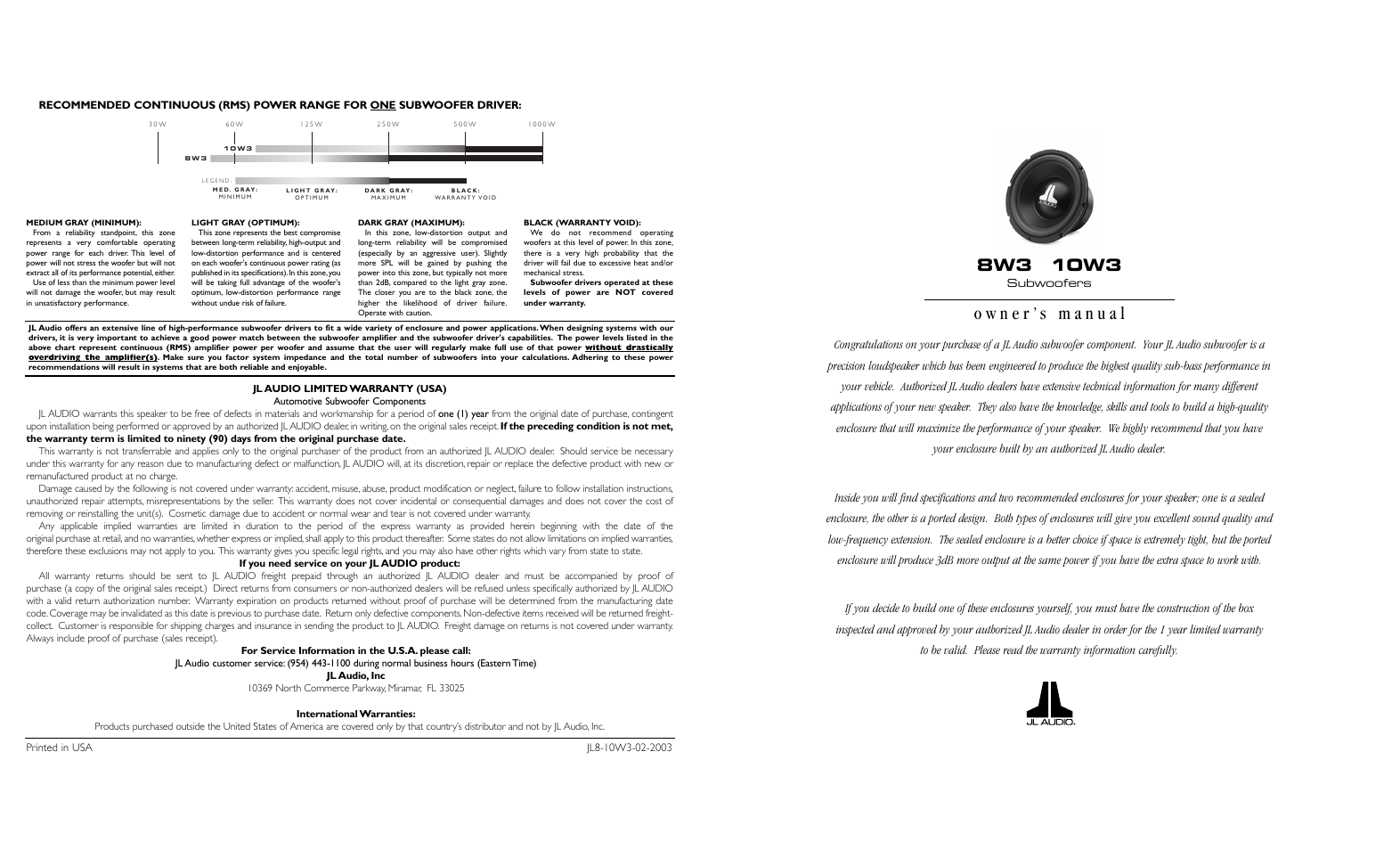 JL Audio 10W3 User Manual | 2 pages