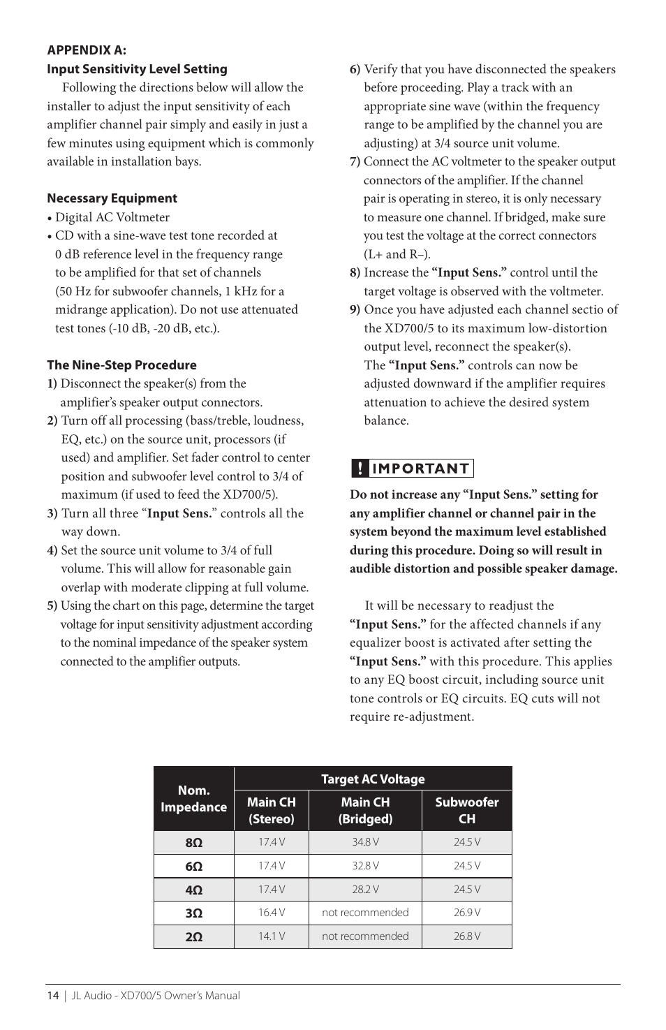 JL Audio XD700/5 User Manual | Page 14 / 20