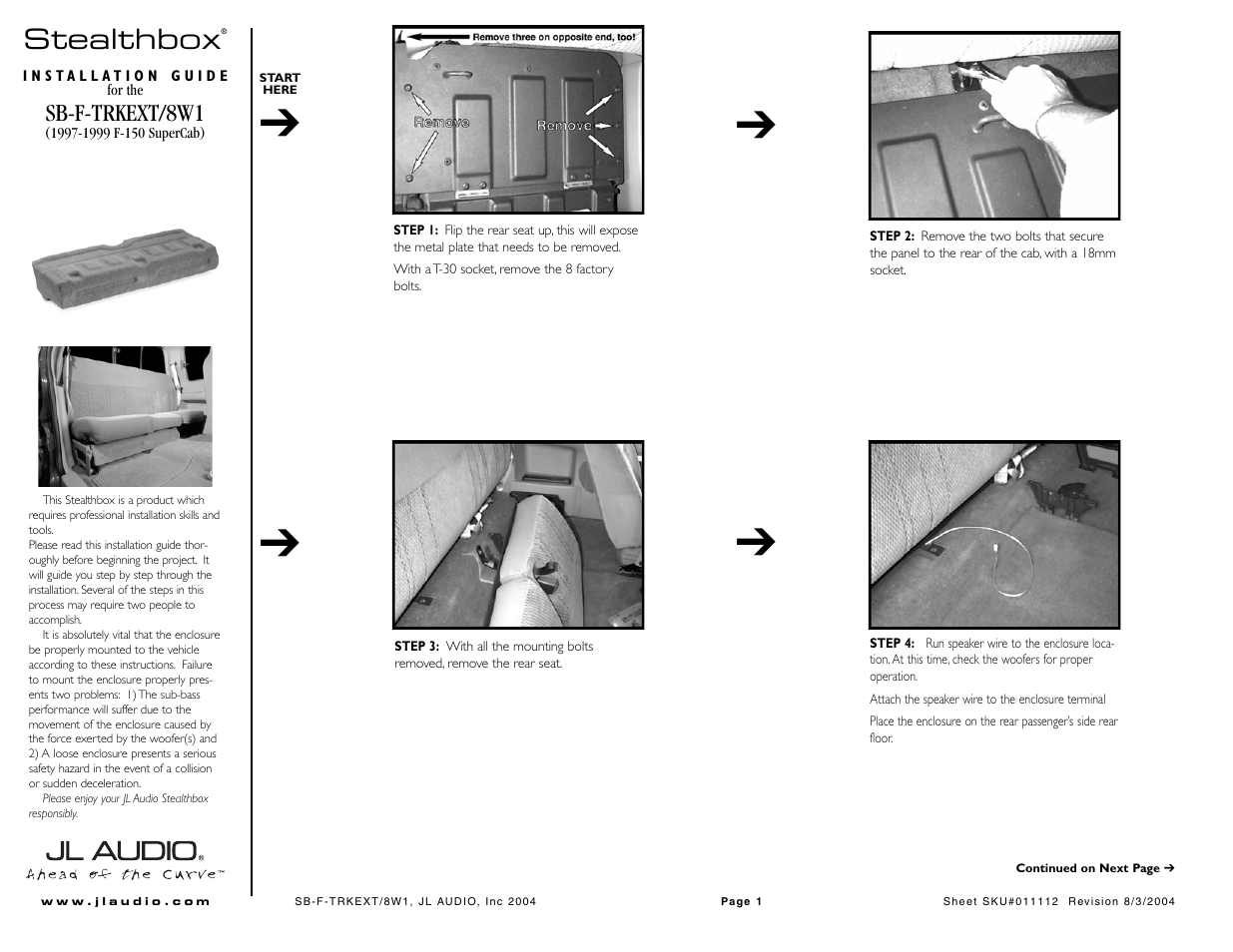 JL Audio STEALTHBOX SB-F-TRKEXT/8W1 User Manual | 2 pages