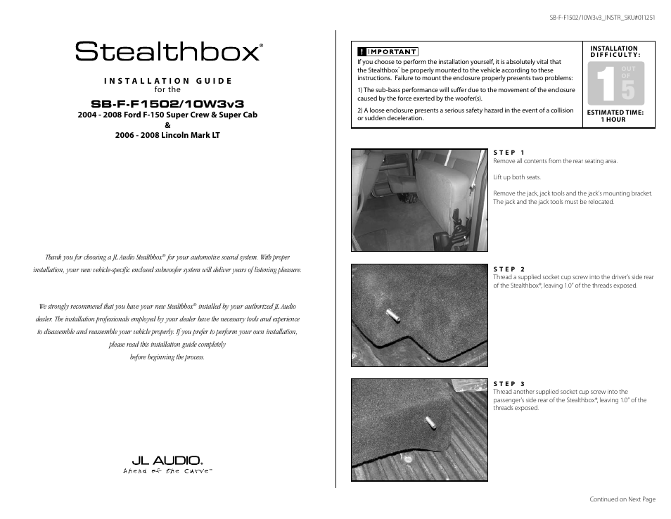 JL Audio Stealthbox SB-F-F1502/10W3v3/BK User Manual | 2 pages