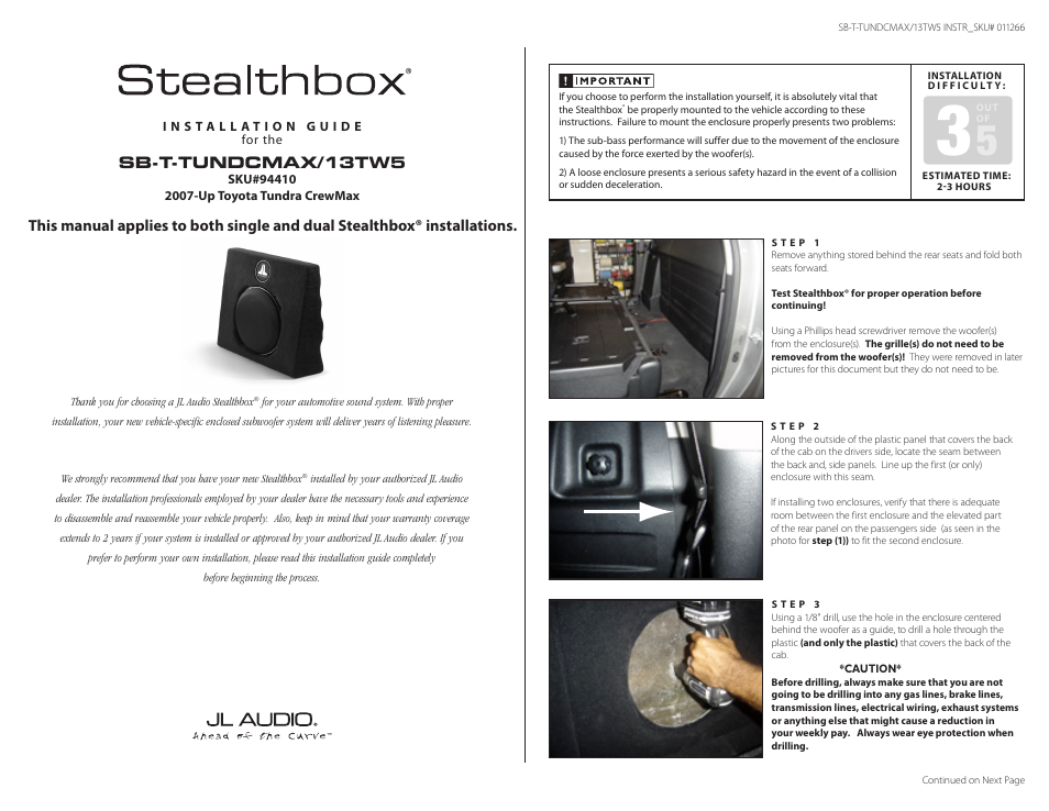 JL Audio Stealthbox SB-T-TDCMAX/13TW5 User Manual | 4 pages