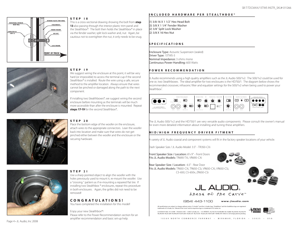 Off / on, Remote bass port | JL Audio Stealthbox SB-T-TDCMAX/13TW5 User Manual | Page 4 / 4