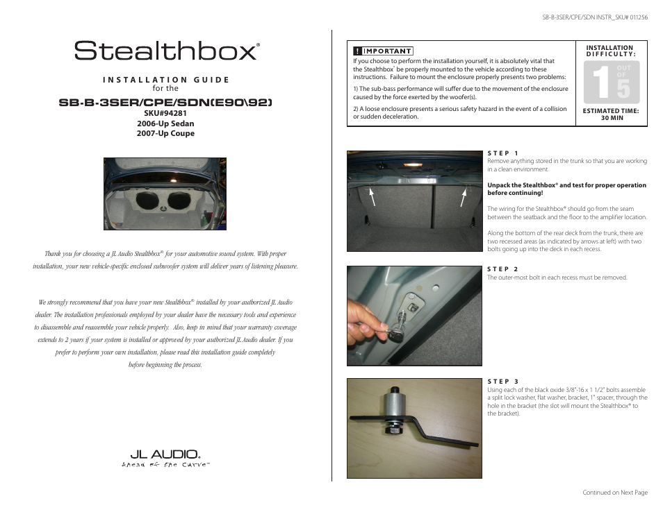 JL Audio Stealthbox SB-B-3SER/CPE/SDN/13TW5 User Manual | 2 pages
