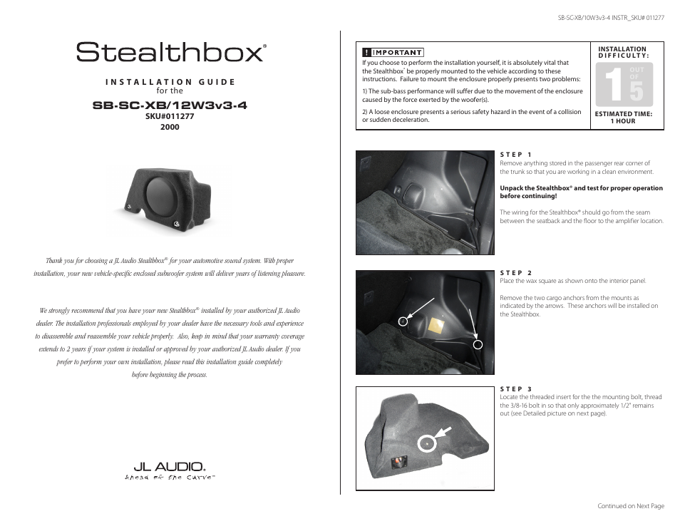 JL Audio Stealthbox SB-F-FCSZX/10W3v3 User Manual | 3 pages