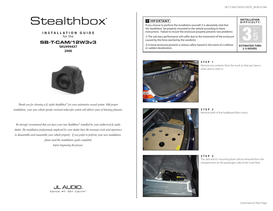 JL Audio Stealthbox SB-T-CAM/12W3v3 User Manual | 4 pages