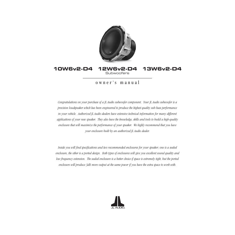 JL Audio 10W6V2-D4 User Manual | 3 pages