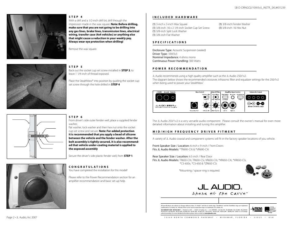 JL Audio Stealthbox SB-D-DRNGO2/10W3v3/TN User Manual | Page 2 / 2