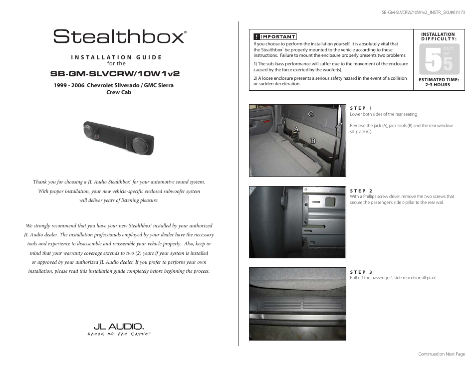 JL Audio Stealthbox SB-GM-SLVCRW/10W1v2 User Manual | 4 pages