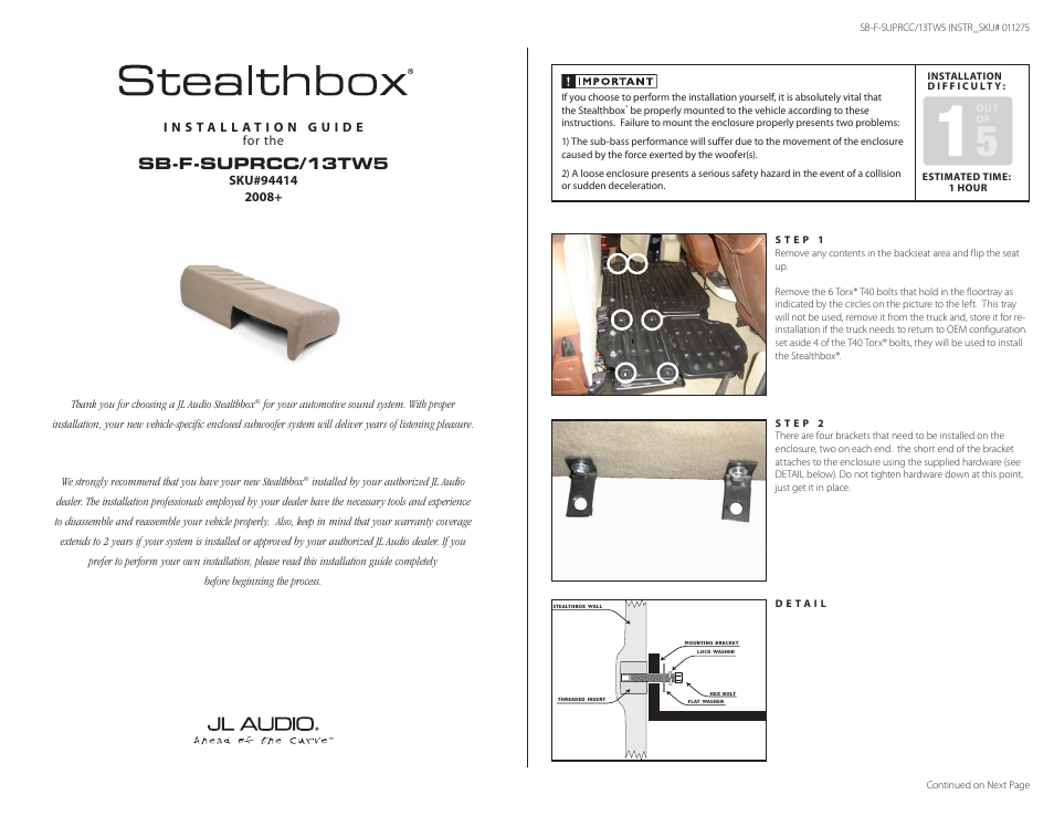 JL Audio Stealthbox SB-F-SUPRCC/13TW5/GA User Manual | 2 pages