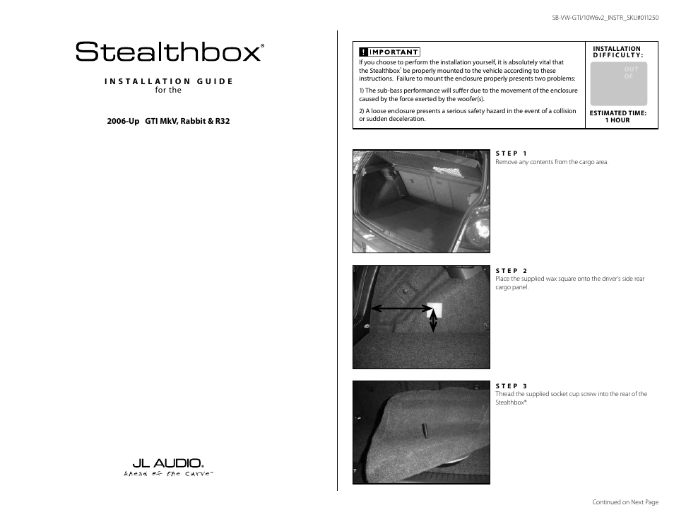 JL Audio Stealthbox SB-VW-GTI/10W6v2 User Manual | 3 pages