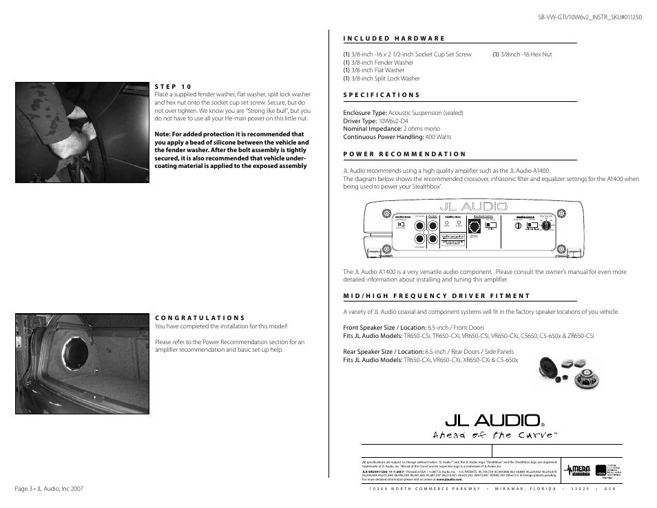 JL Audio Stealthbox SB-VW-GTI/10W6v2 User Manual | Page 3 / 3