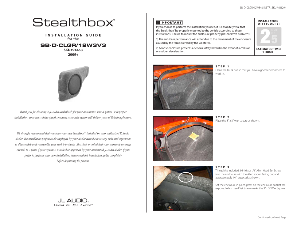 JL Audio Stealthbox SB-D-CLGR/12W3V3 User Manual | 2 pages