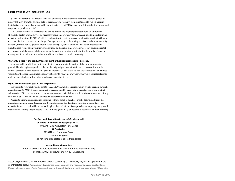 JL Audio A6450 User Manual | Page 11 / 11