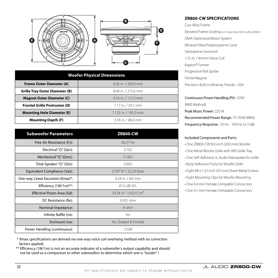 JL Audio EVOLUTION ZR800-CW User Manual | Page 2 / 8