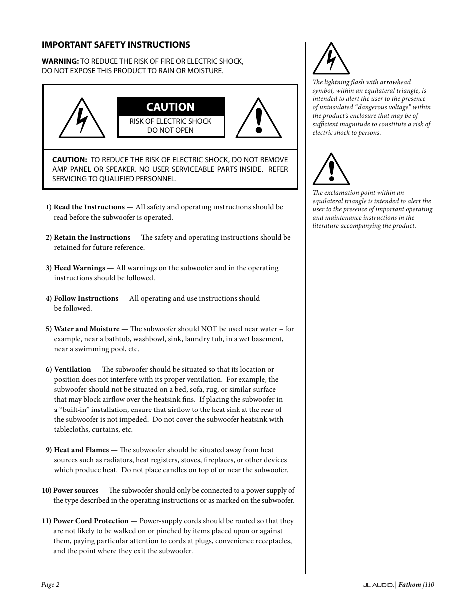 Caution | JL Audio Fathom f110 User Manual | Page 2 / 36