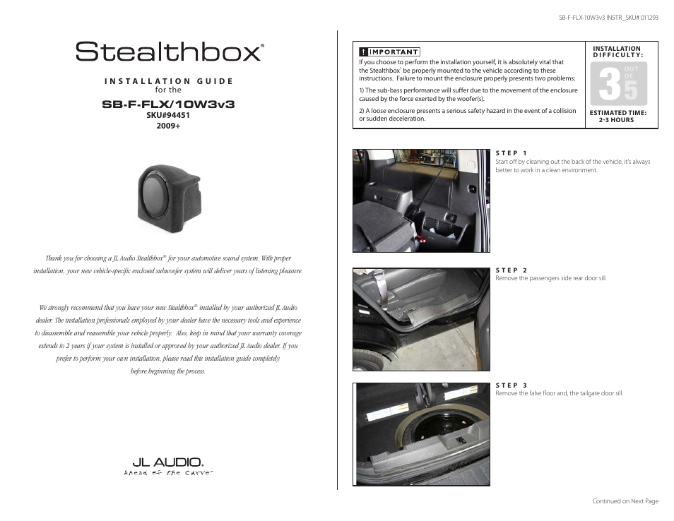 JL Audio Stealthbox 94451 User Manual | 3 pages
