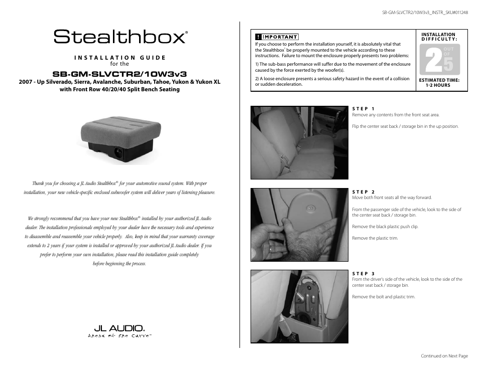 JL Audio Stealthbox SB-GM-SLVCTR2/10W3v3/TN User Manual | 3 pages