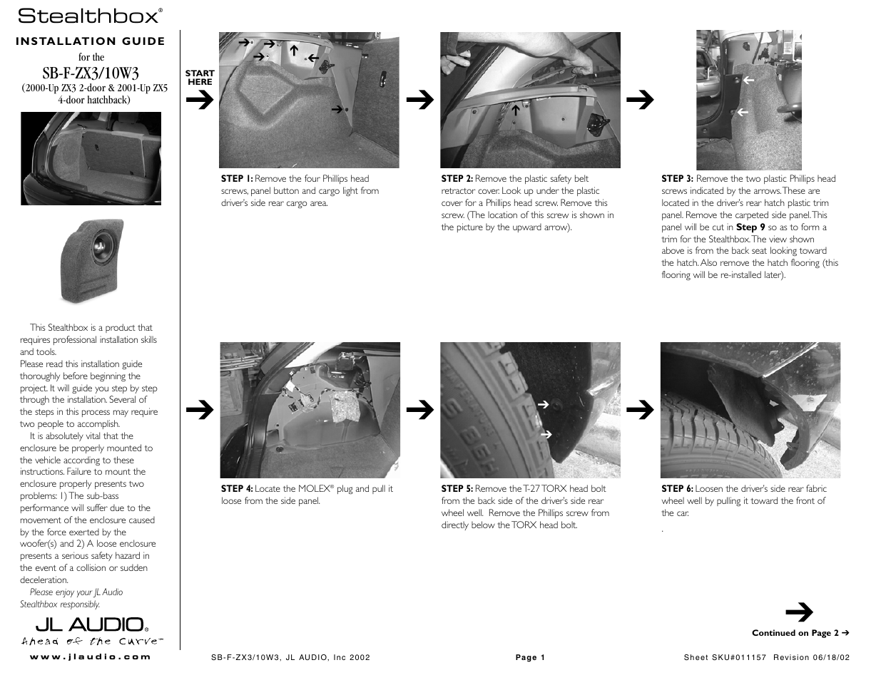 JL Audio Stealthbox SB-F-ZX3/10W3 User Manual | 3 pages