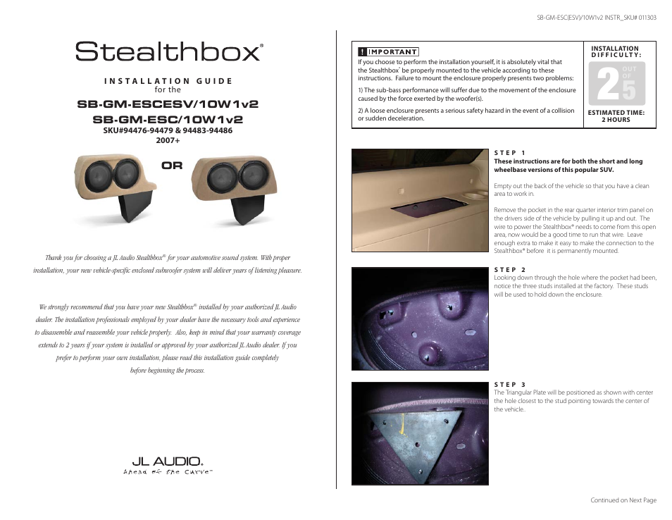 JL Audio Stealthbox SB-GM-ESC/10W1v2/GA User Manual | 3 pages