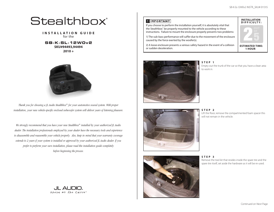 JL Audio SB-K-SL-12W0v2 User Manual | 3 pages