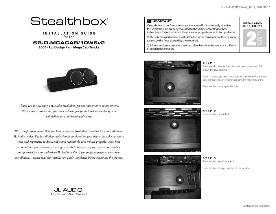 JL Audio Stealthbox SB-D-MGACAB/10W6v2 User Manual | 3 pages