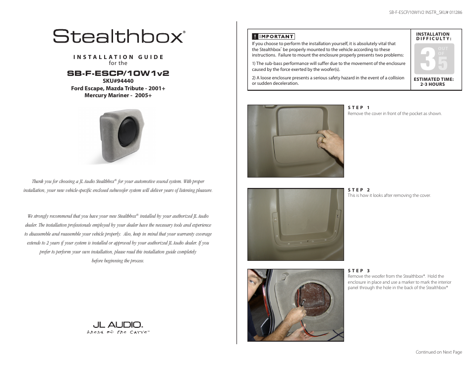 JL Audio Stealthbox SB-F-ESCP/10W1v2 User Manual | 3 pages