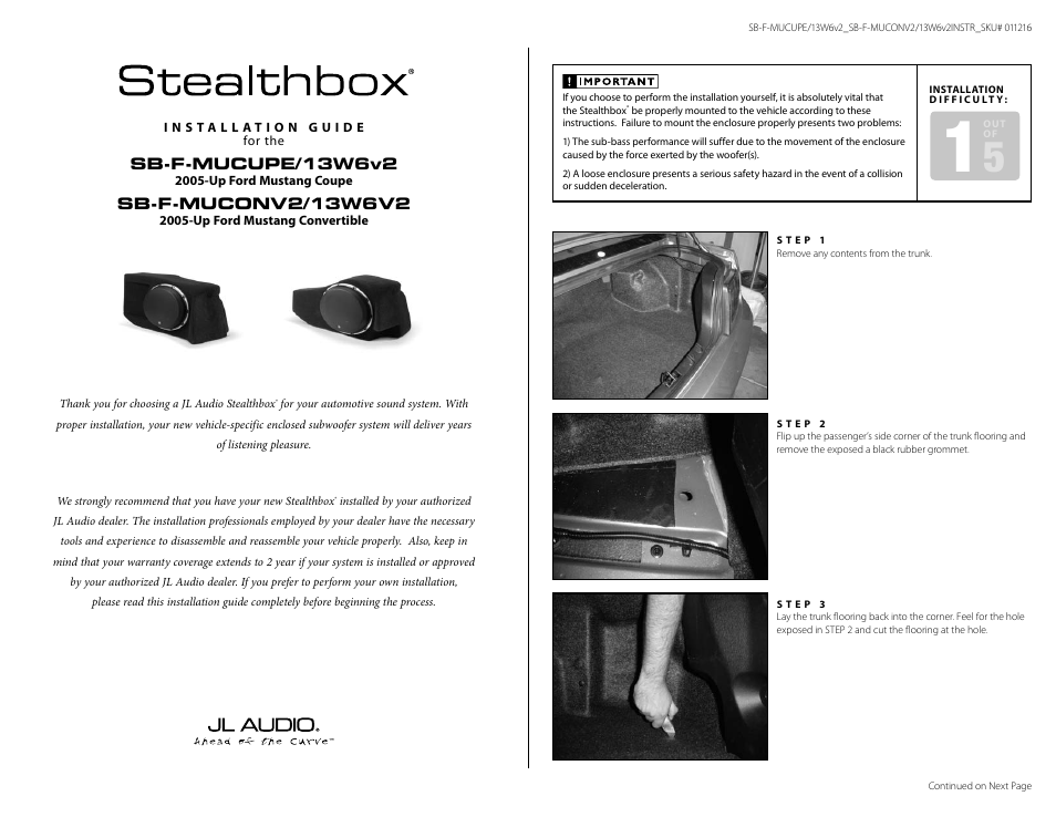 JL Audio SB-F-MUCONV2/13W6V2 User Manual | 2 pages