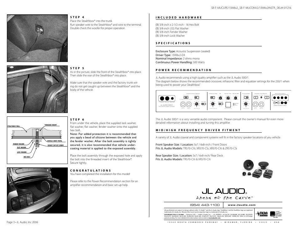 Off / on, Remote bass port | JL Audio SB-F-MUCONV2/13W6V2 User Manual | Page 2 / 2