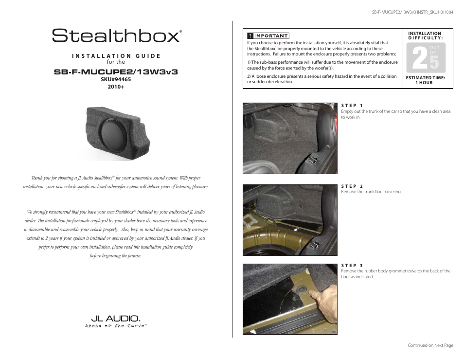 JL Audio Stealthbox SB-F-MUCUPE2/13W3v3 User Manual | 3 pages