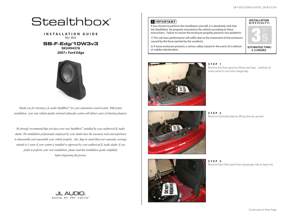JL Audio Stealthbox 94376 User Manual | 5 pages