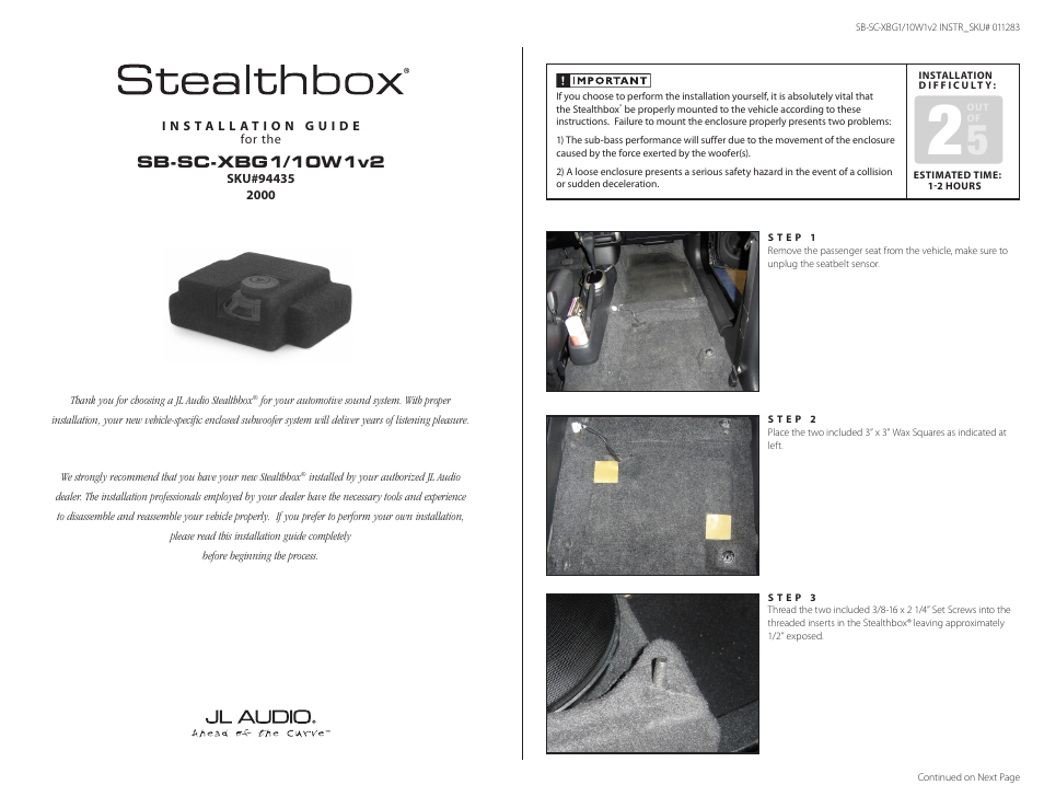 JL Audio Stealthbox SB-SC-XBG1/10W1v2 User Manual | 2 pages