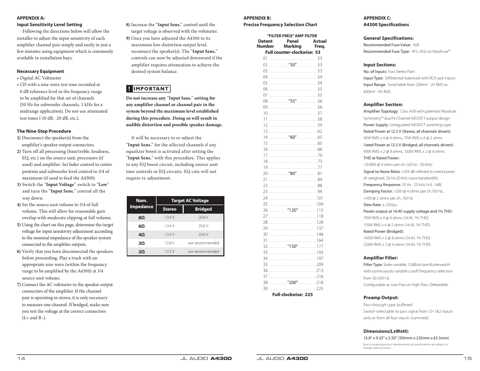 Specs | JL Audio A4300 User Manual | Page 8 / 11
