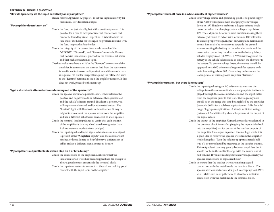 Troubleshooting | JL Audio A4300 User Manual | Page 9 / 11