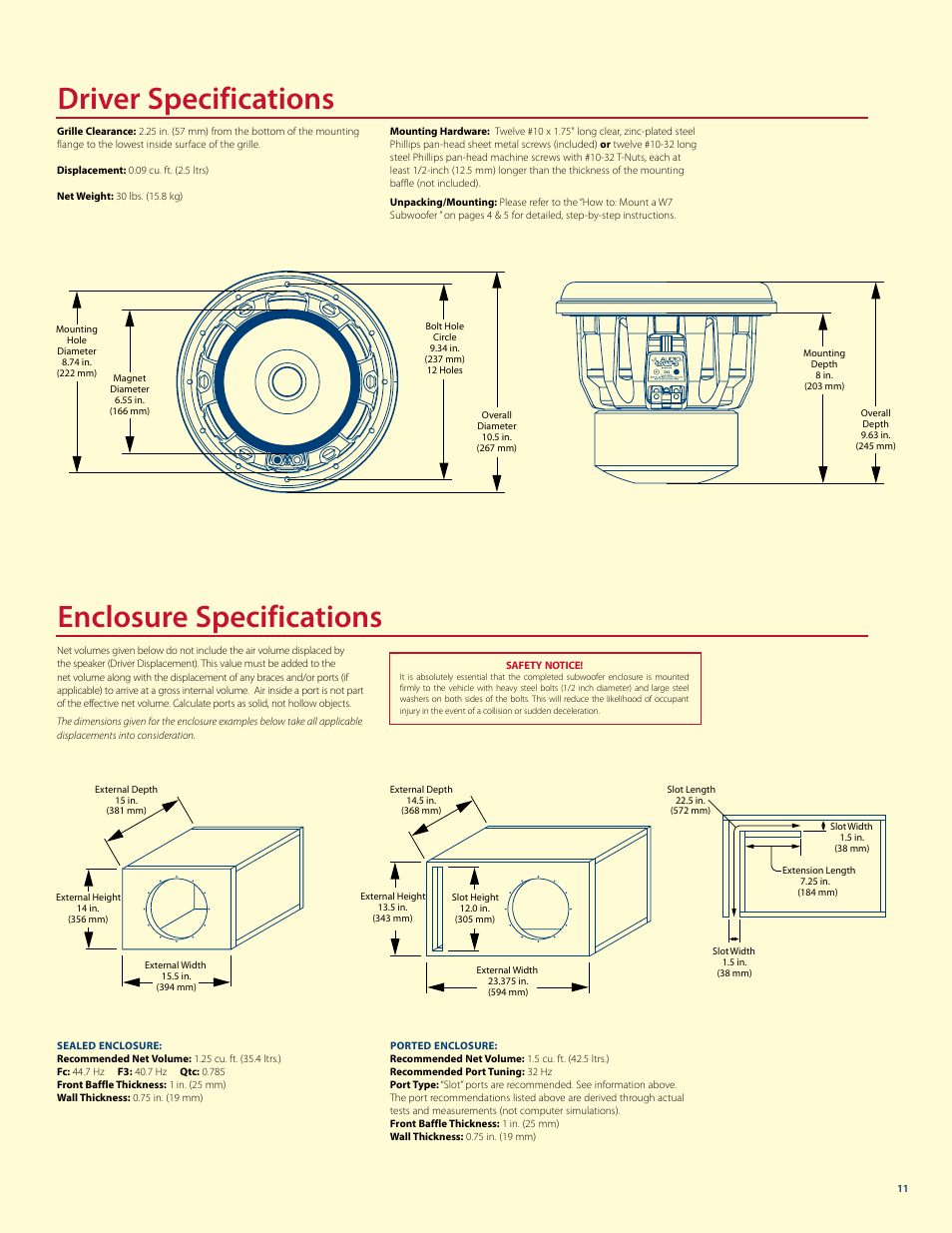 Driver specifications enclosure specifications | JL Audio W7 User Manual | Page 11 / 16