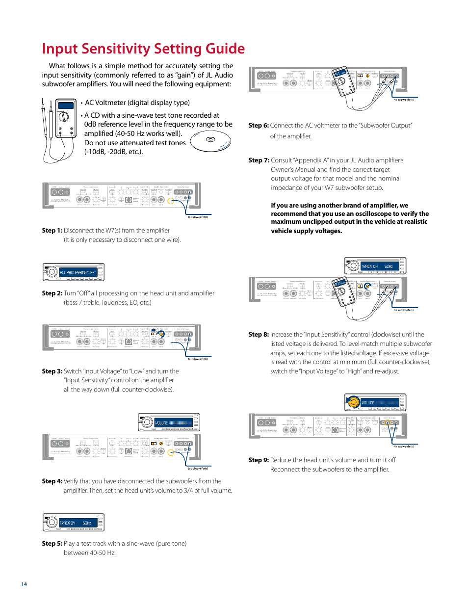 Input sensitivity setting guide | JL Audio W7 User Manual | Page 14 / 16