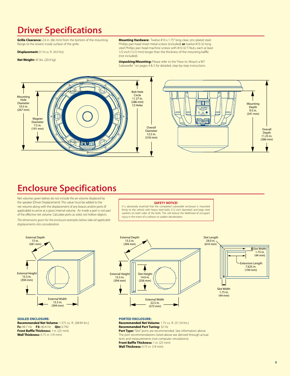 Driver specifications enclosure specifications | JL Audio W7 User Manual | Page 9 / 16