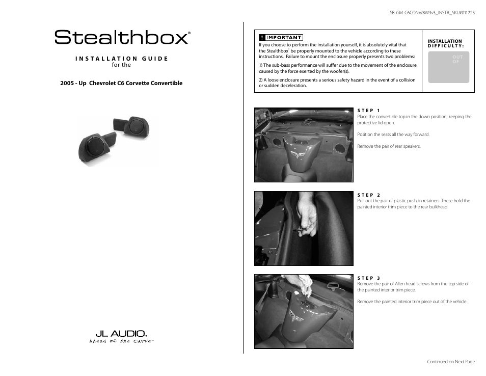 JL Audio Stealthbox SB-GM-C6CONV/8W3v3 User Manual | 3 pages