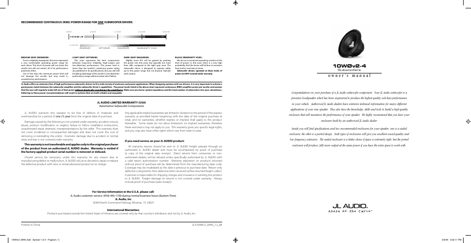 JL Audio 10W0v2-4 User Manual | 2 pages