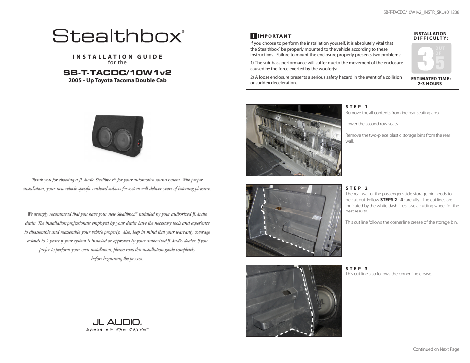 JL Audio Stealthbox SB-T-TACDC/10W1v2 User Manual | 3 pages