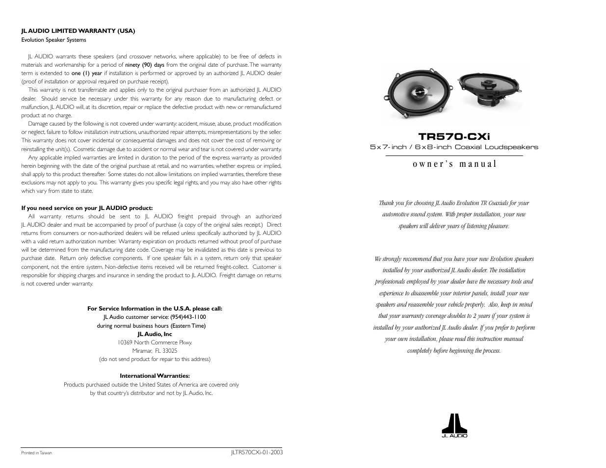 JL Audio TR570-CXi User Manual | 2 pages