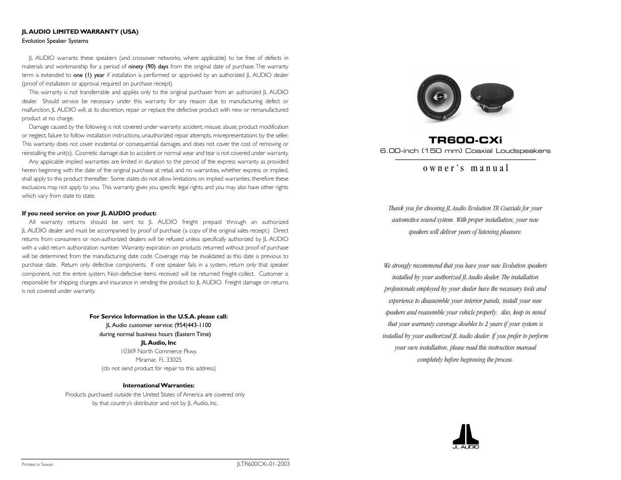 JL Audio TR600-CXi User Manual | 2 pages