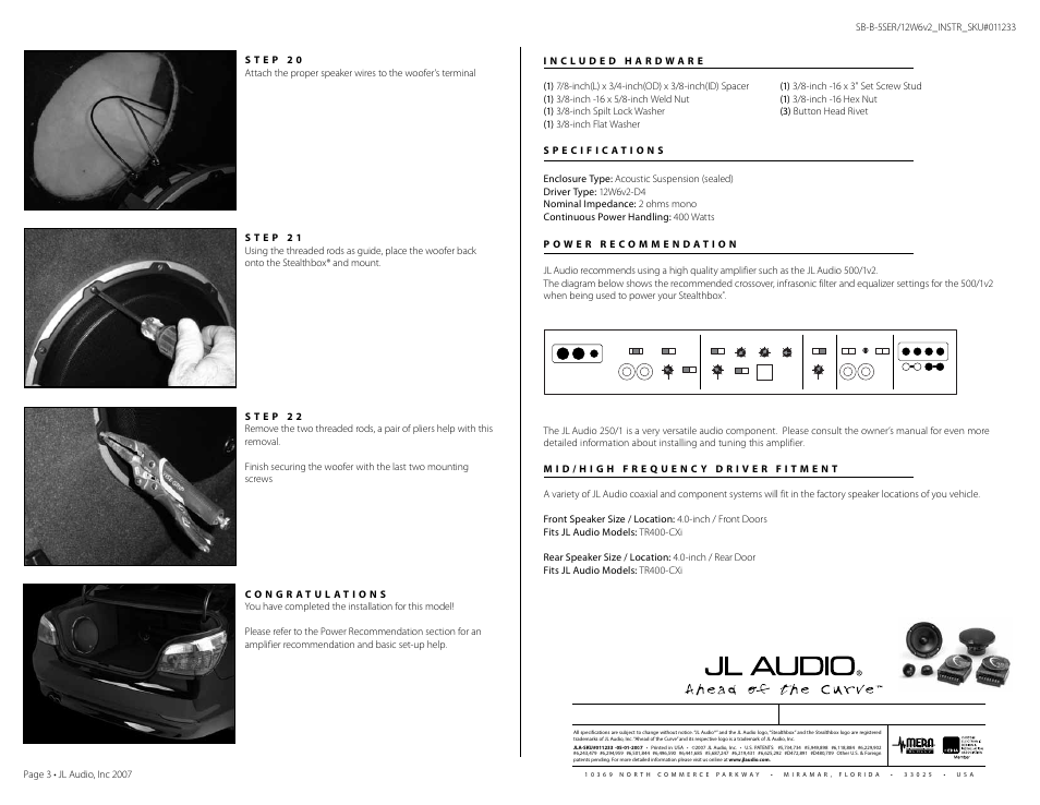 Off / on, Remote bass port | JL Audio Stealthbox SB-B-5SER/12W6v2 User Manual | Page 3 / 3
