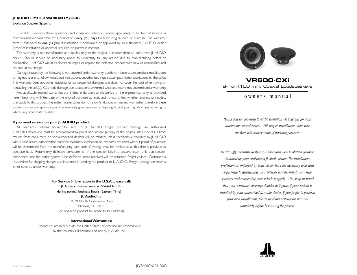 JL Audio JLVR600CXi User Manual | 2 pages