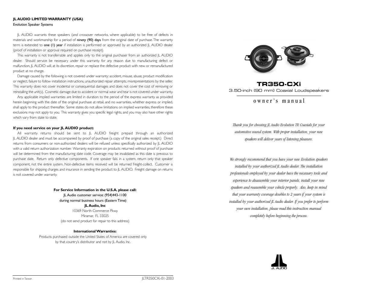 JL Audio EVOLUTION TR350-CXi User Manual | 2 pages