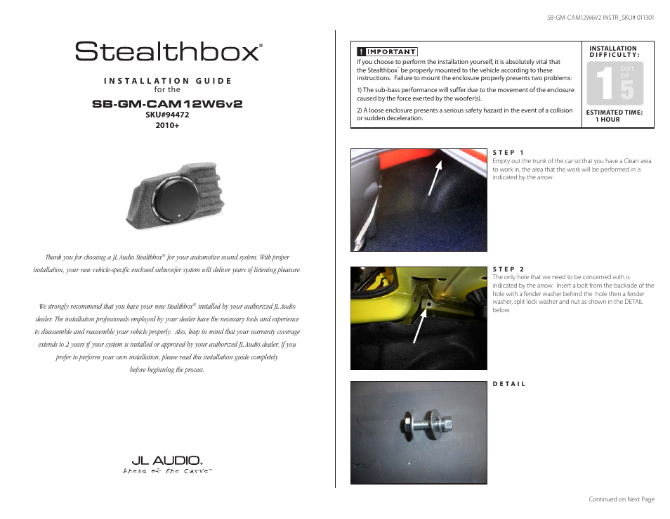 JL Audio Stealthbox SB-GM-CAM12W6v2 User Manual | 2 pages