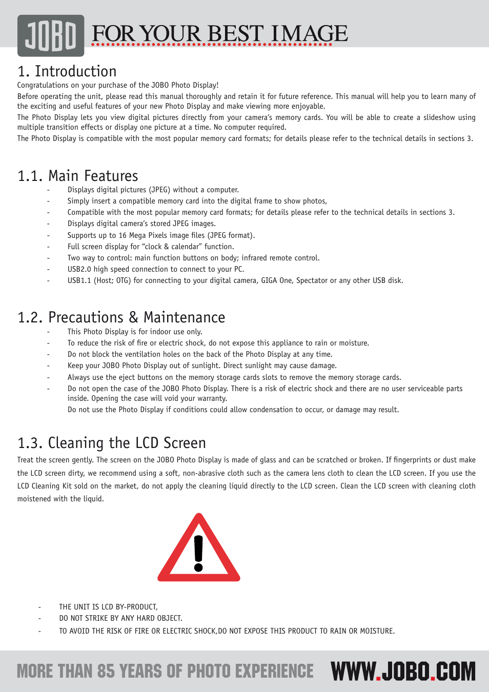 Introduction, Main features, Precautions & maintenance | Cleaning the lcd screen | JOBO Photo Display PDJ120 User Manual | Page 2 / 7